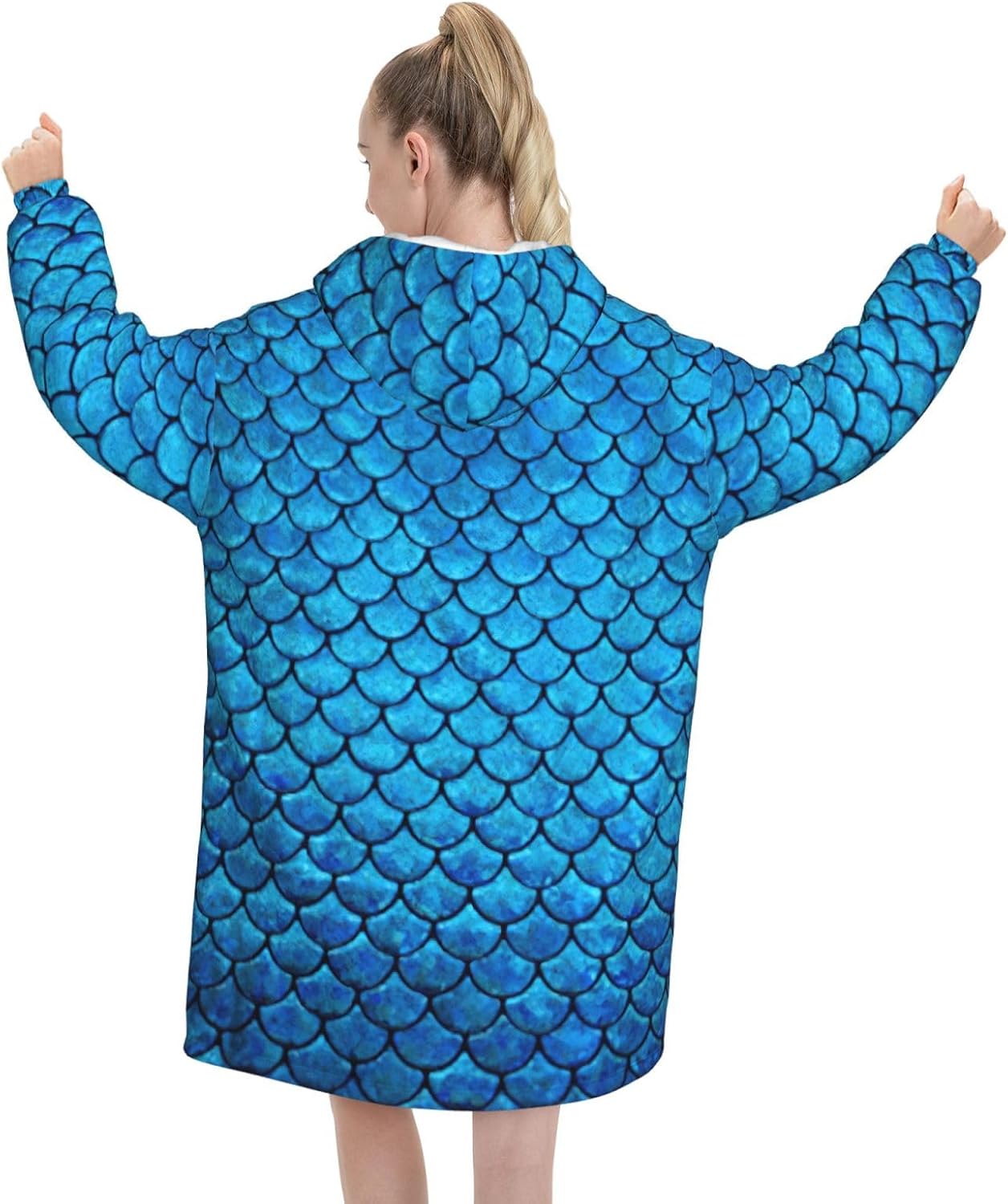 Blue Fish Scaleprint Oversized Hoodie Blanket, Super Soft Warm Comfortable Hoodie, Wearable Blanket Adult