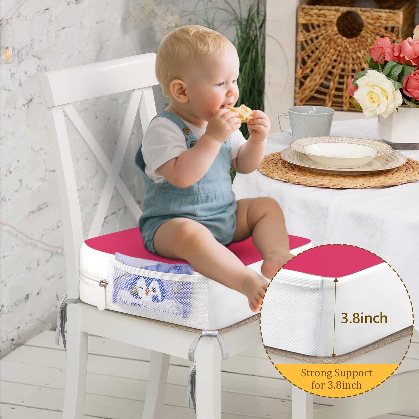 Rehausseur de chaise pour enfant - Ancrage 4 points - 9,6 cm - Surélévation pour tout-petits à la table à manger avec poches latérales - Coussin d'assise antidérapant et portable - Pour enfants - Rose