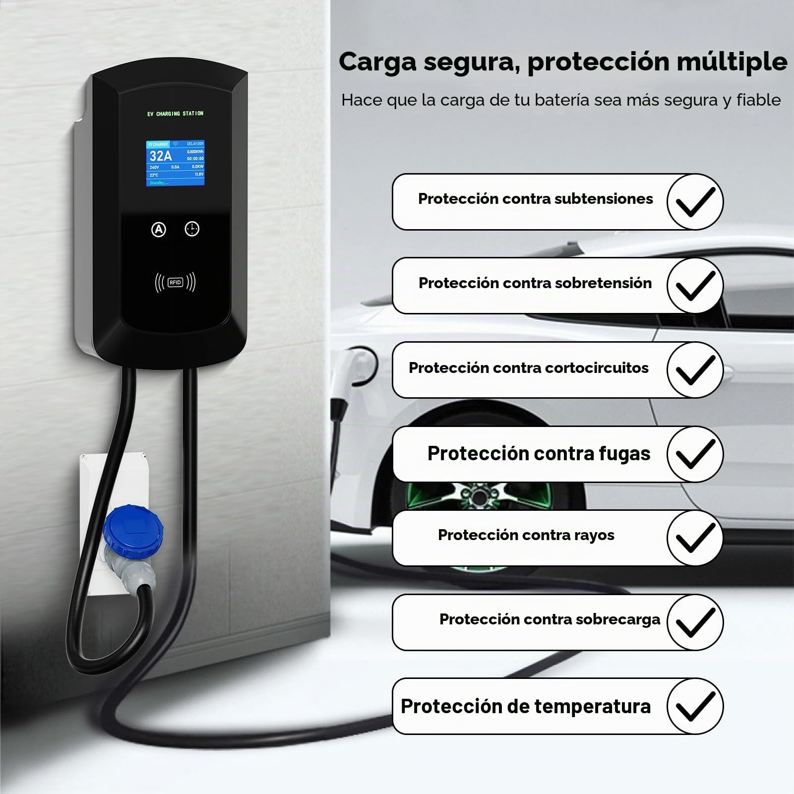 Cargador Coche Eléctrico Tipo 2 CEE, 7kW/ Monofásica / 8-32A / IP65 Impermeable, Cargador Coche Electrico con Control App/RFID, Enchufe Europeo IEC 62196-2 con Cable 5M