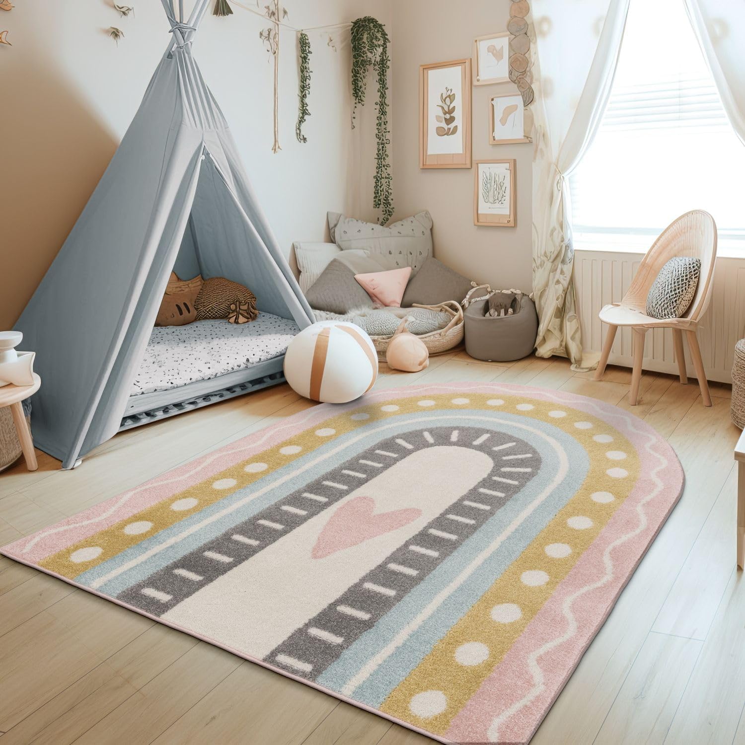TT Home Nursery Area Rug Kids Rug For Bedroom Girls Boys Modern Rainbow Cloud Rug Animal Motif Colourful, colour:Pink Blue Yellow, Size:120x160 cm rainbow shape