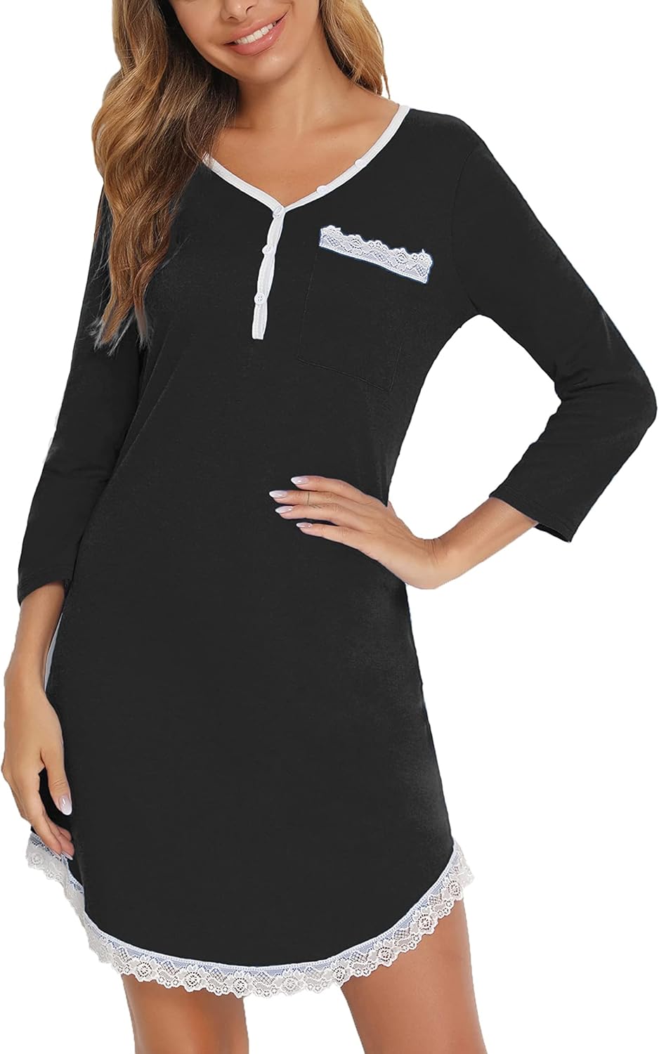 Women's Sleep Dresse 3/4 Long Sleeve Lace Trim Pocket Loose Fit Sleepwear - Image 4