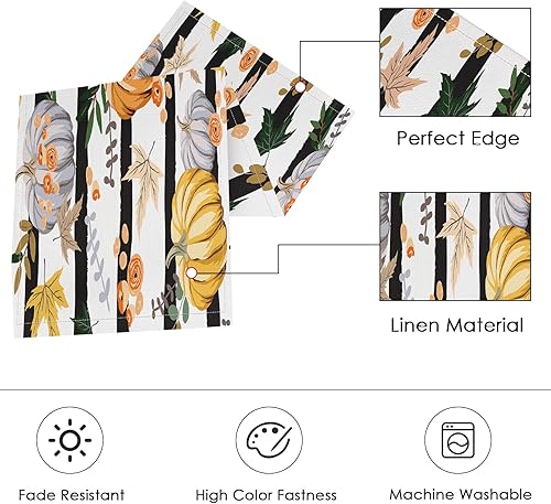 Miniatura 2 de ArtSocket Juego de 6 manteles individuales y camino de mesa de rayas de calabaza, arce otoño, Halloween, Acción de Gracias, naranja y blanco,