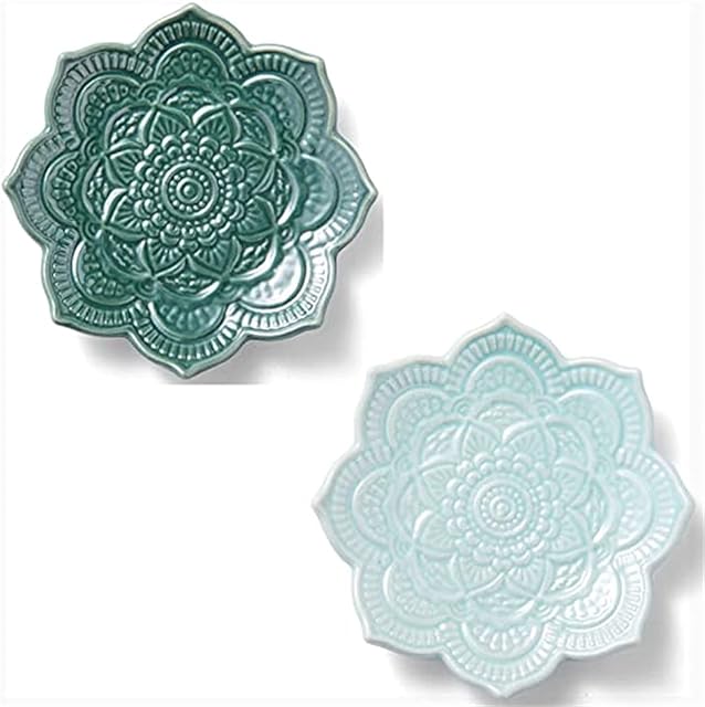 Titanape Mandala Green & Blue Trinket Dish 2 Set of Boho Ring Dish Holder, Small Jewellery Dish Ceramic Decorative Trinket Tray Crystal Holder, Funny Presents for Women, Female Friend