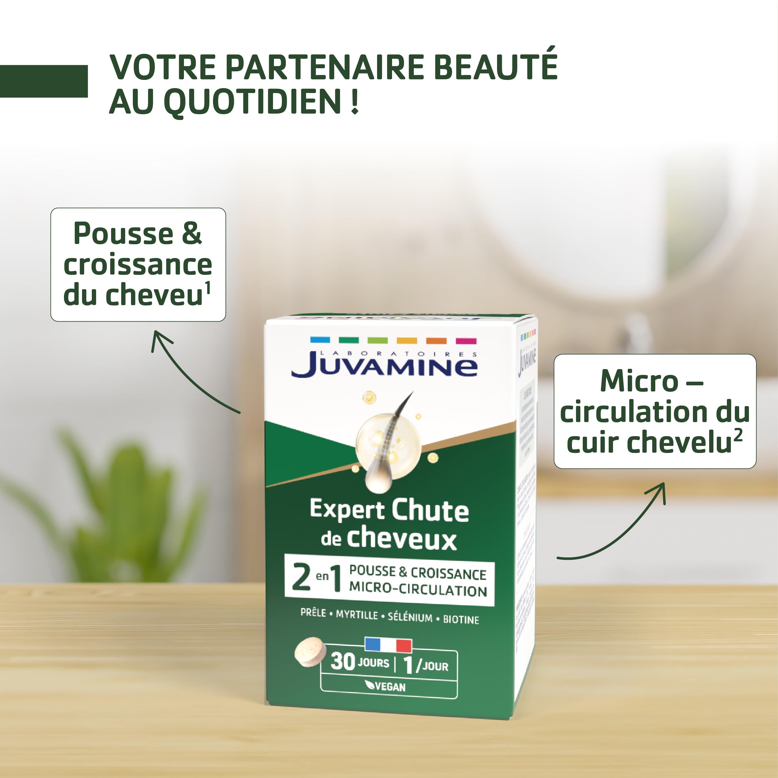 JUVAMINE - Chute de Cheveux : Pousse + Croissance - 6 Actifs Beauté dont Zinc et Biotine - Favorise la Croissance et la Résistance des Cheveux - Programme de 1 mois - 30 Comprimés - Fabriqué en France