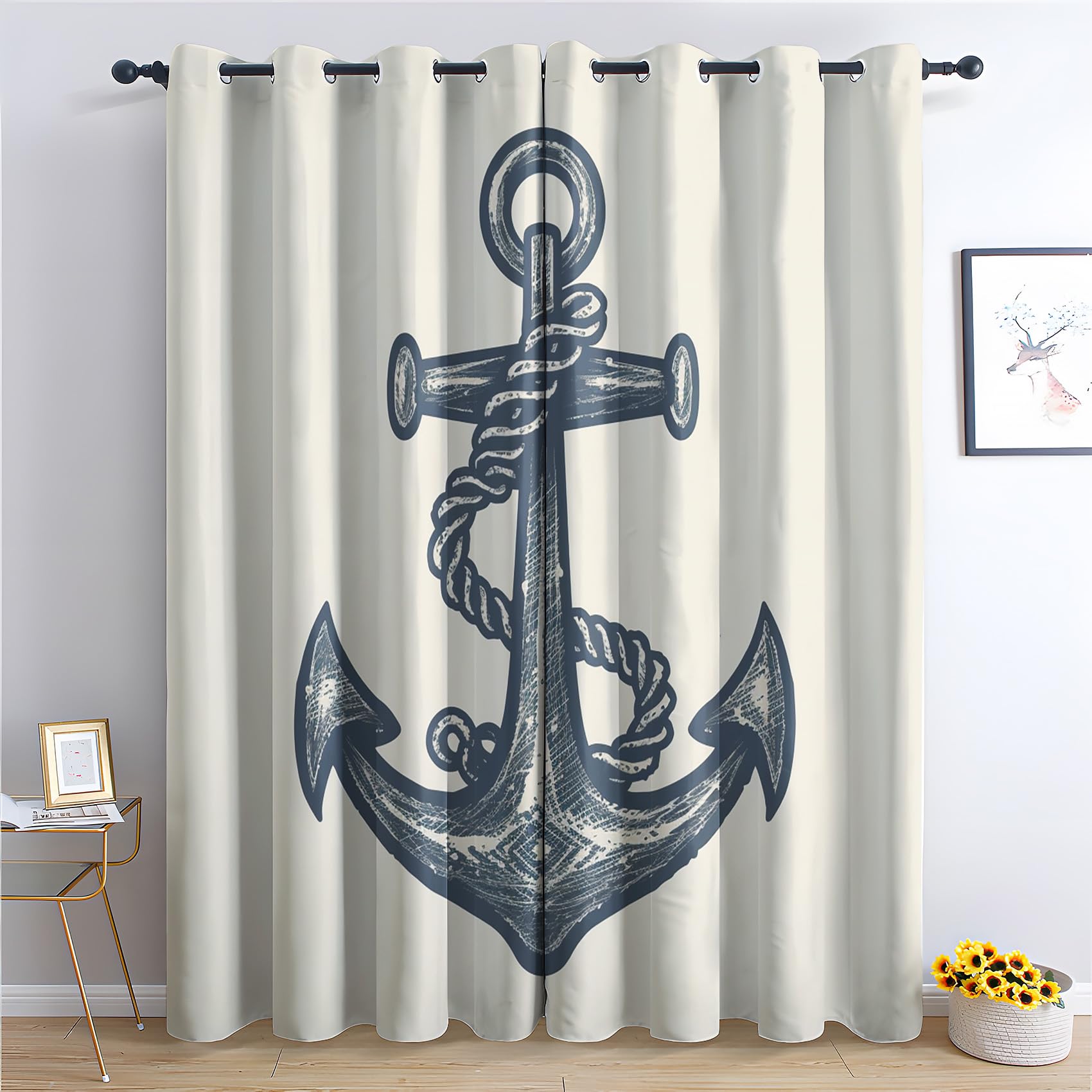 QEODAH Anchor Bedroom Curtains Blackout - Vintage Nautical Maritime Sailing Coastal Living Room Curtains 46x54 Eyelet - Soft Thermal Insulated Patterned Drapes for Windows - 2 Panels