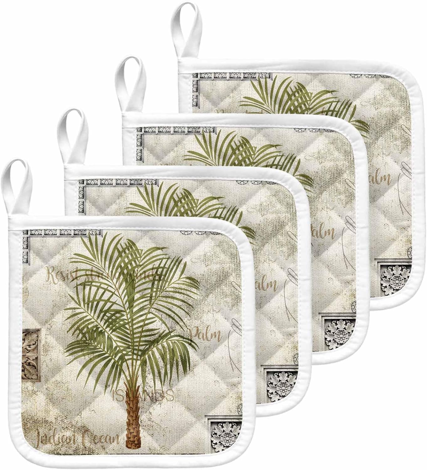 4 Pack Pot Holders for KitchenGreen Palms Trees Vintage Linen Heat Proof Potholder Hot Pads Trivet,Tropical Plants Retro Floral Washable Coaster Potholders for Cooking Baking Grilling
