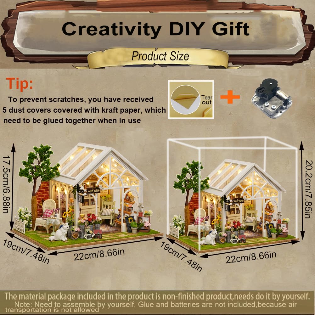 Puppenhaus Kit Gewächshaus, DIY Miniaturraum mit LED-Licht, Holz Modellbausatz für Erwachsene, Blumenhaus, Geschenke für Freunde