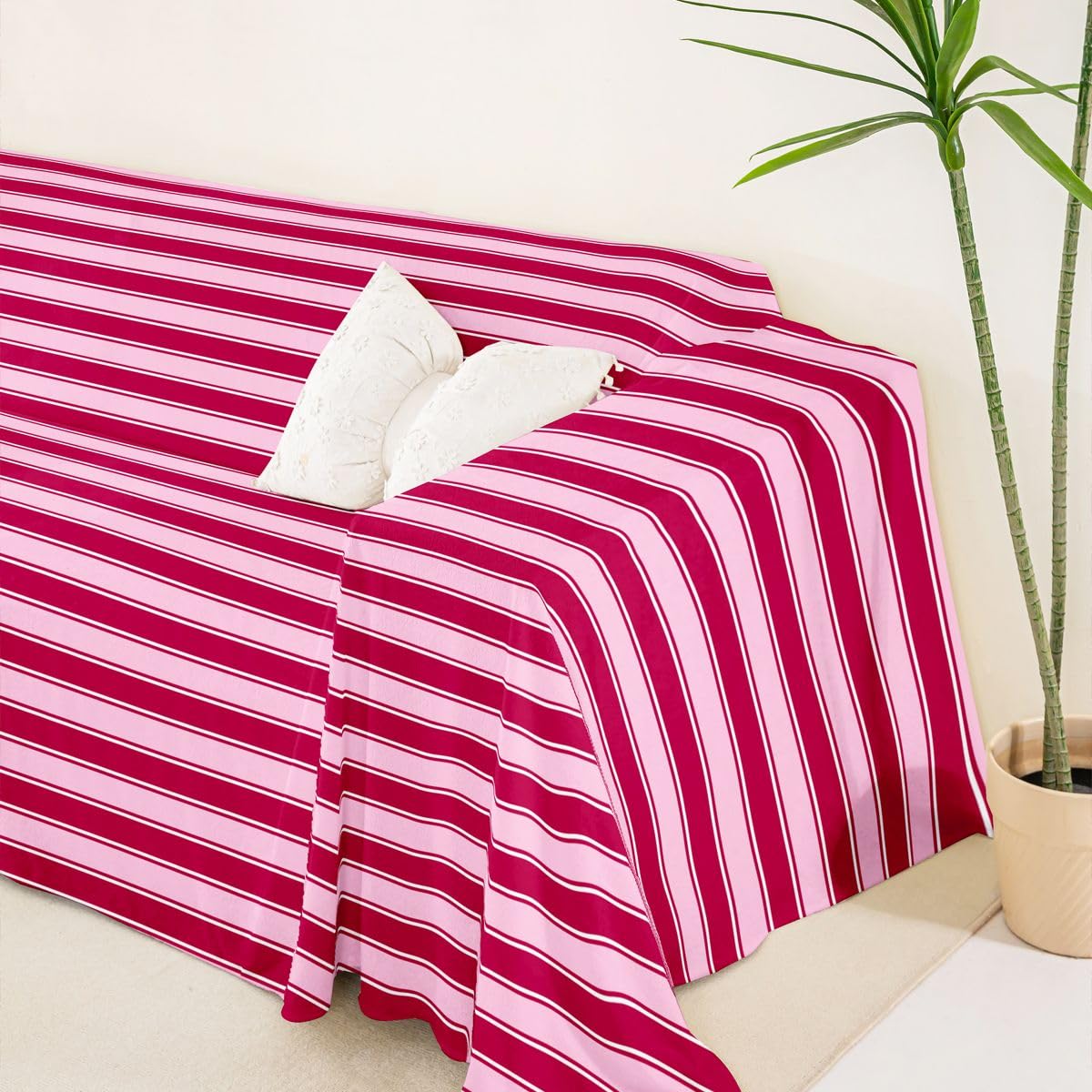 Homewish Funda de sofá a rayas rosas y rojas, 180 x 340 cm