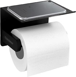 Edencomer Toilet Paper Holder with Shelf, Rustproof SUS304 Stainless Steel Black Toilet Paper Holder, Self Adhesive Stick on No Drill or Wall-Mount with Screws Toilet Paper Roll Holder for Bathroom