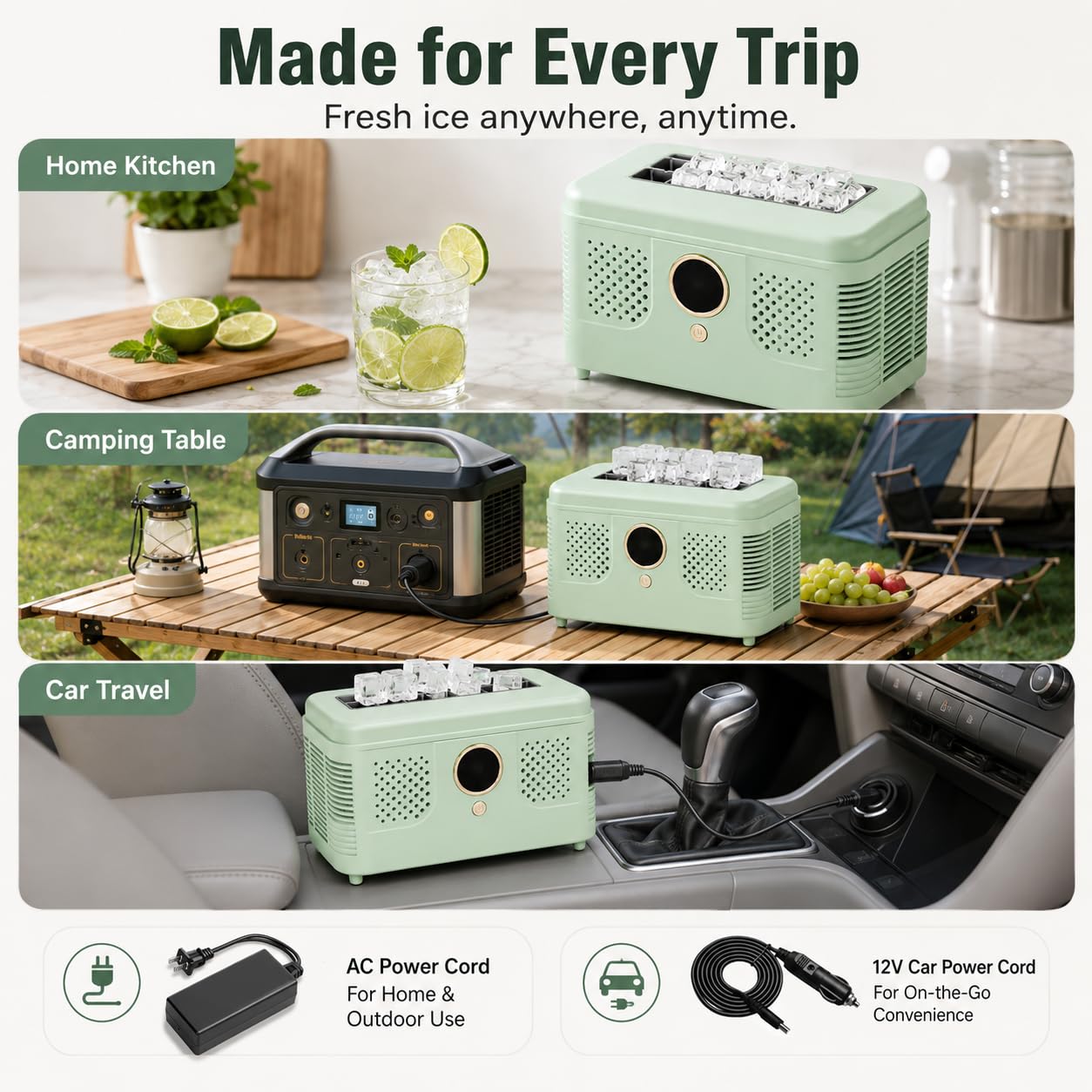 Máquina para hacer cubitos de hielo portátil con doble potencia, mini máquina para hacer hielo para automóvil de 12 V CC, hace 12 cubitos en 15 minutos, para cocina casera, viajes, cam white 12 cubes