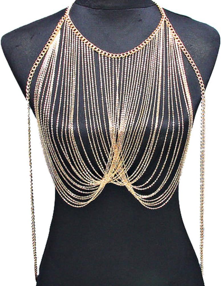 Women Gold Tassel Body Chain Crossover Harness Bikini Waist Necklace