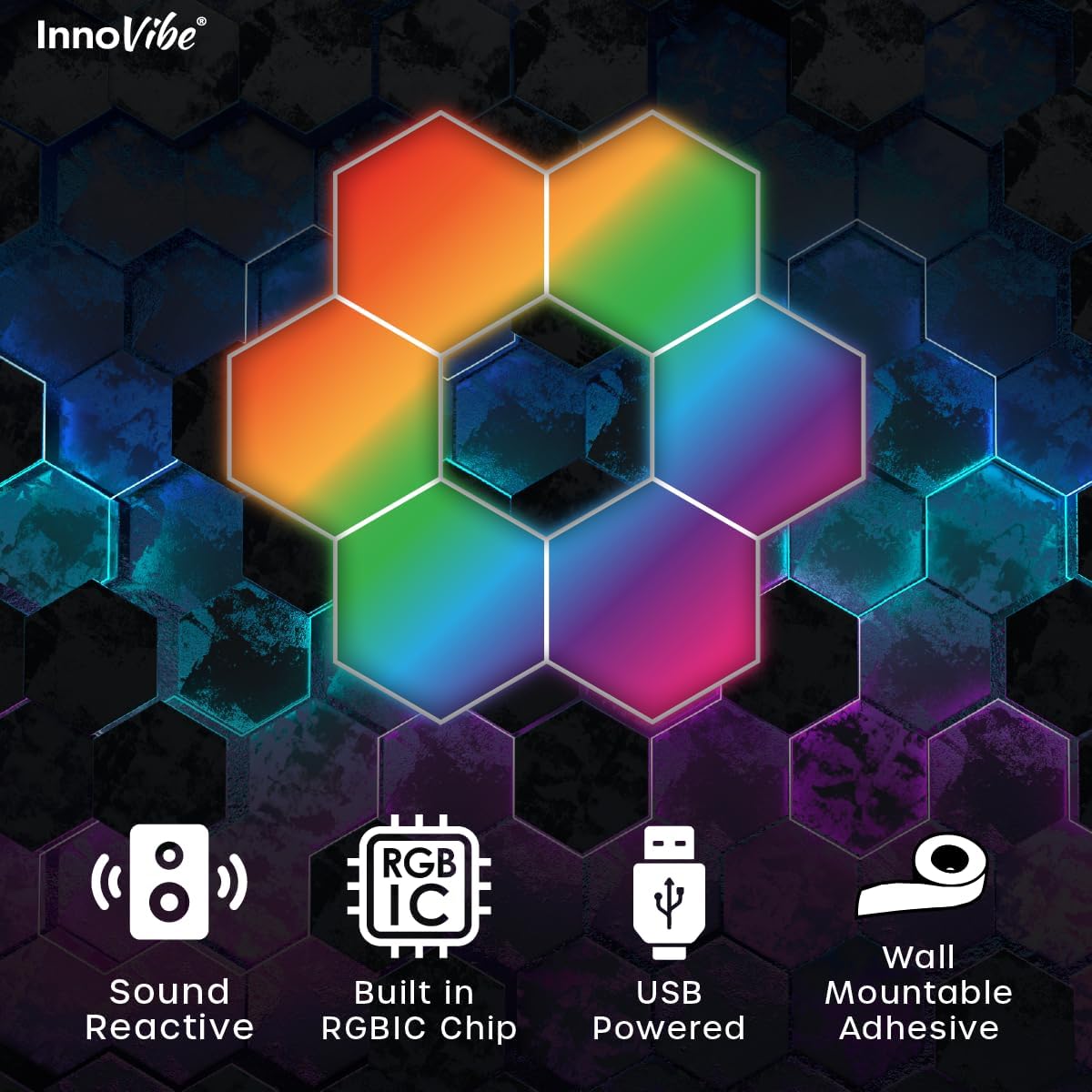Icons representing features: Sound Reactive, Built-in RGBIC Chip, USB Powered, Wall Mountable Adhesive