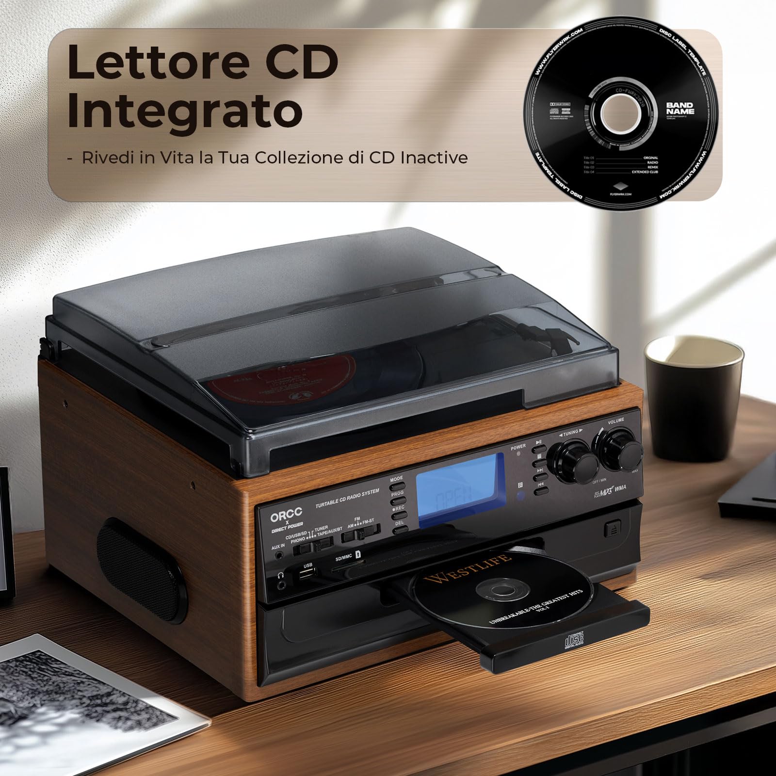 ORCC Giradischi Bluetooth 10 in 1 per dischi in vinile con altoparlante, convertitore di codifica da AUX a MP3 USB/SD, lettore CD, radio, connettore per cuffie, RCA, telecomando