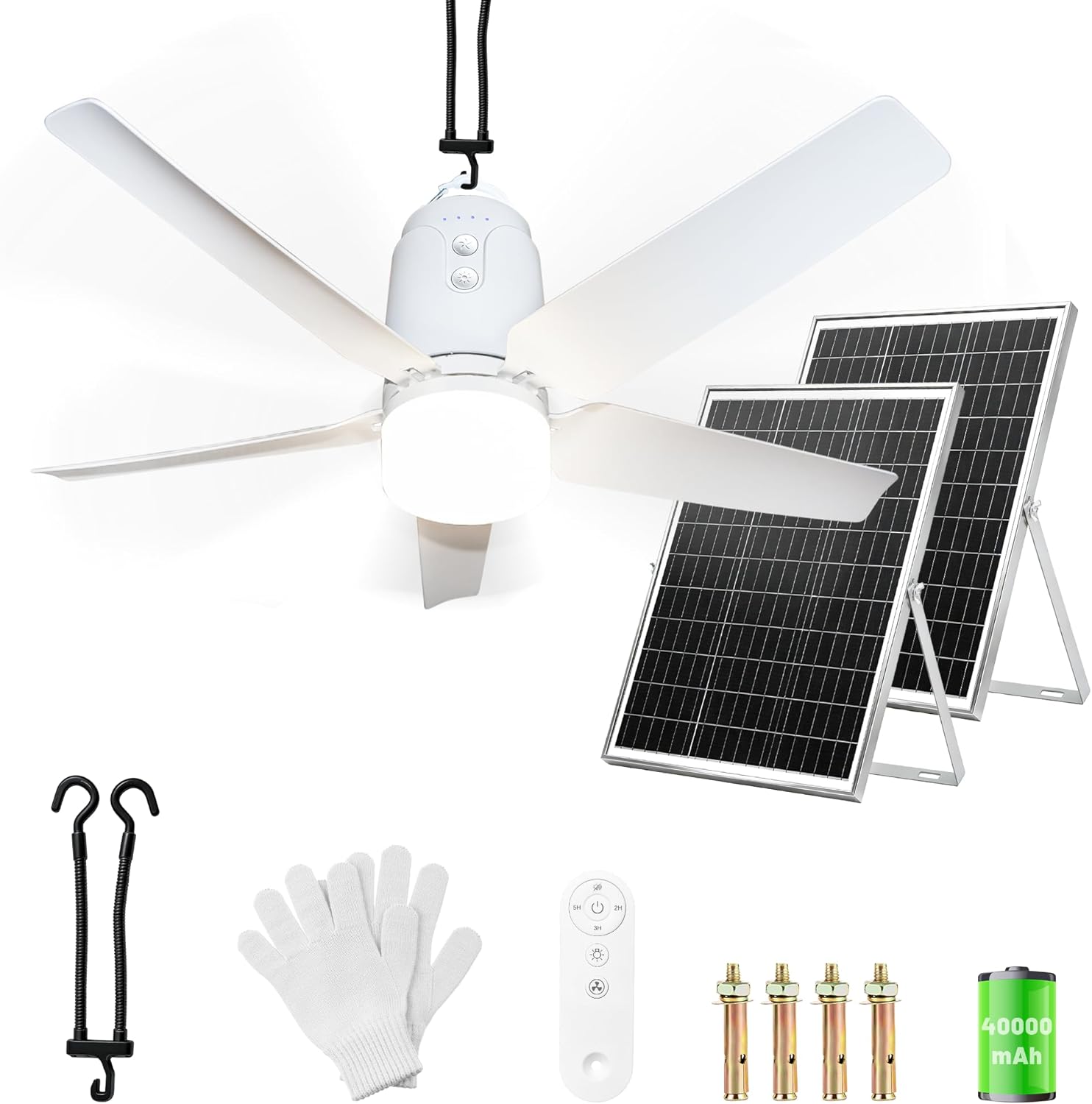 Solar Outdoor Ceiling Fan Light 31.5'', 60W Solar Powered Portable Gazebo Fan with Remote and Hook, 3000K-6500K LED, 40000mAh Large Hanging Canopy Fan for Patios, Camping, Shed, Chicken Coop, Garage