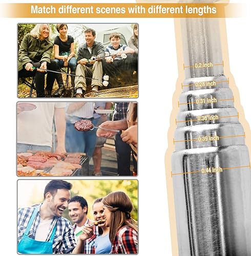 Miniatura 4 de Palitos para asar malvaviscos de 34 pulgadas, paquete de 10 pinchos para fogatas en hogueras, tenedores telescópicos para perros calientes, extras,