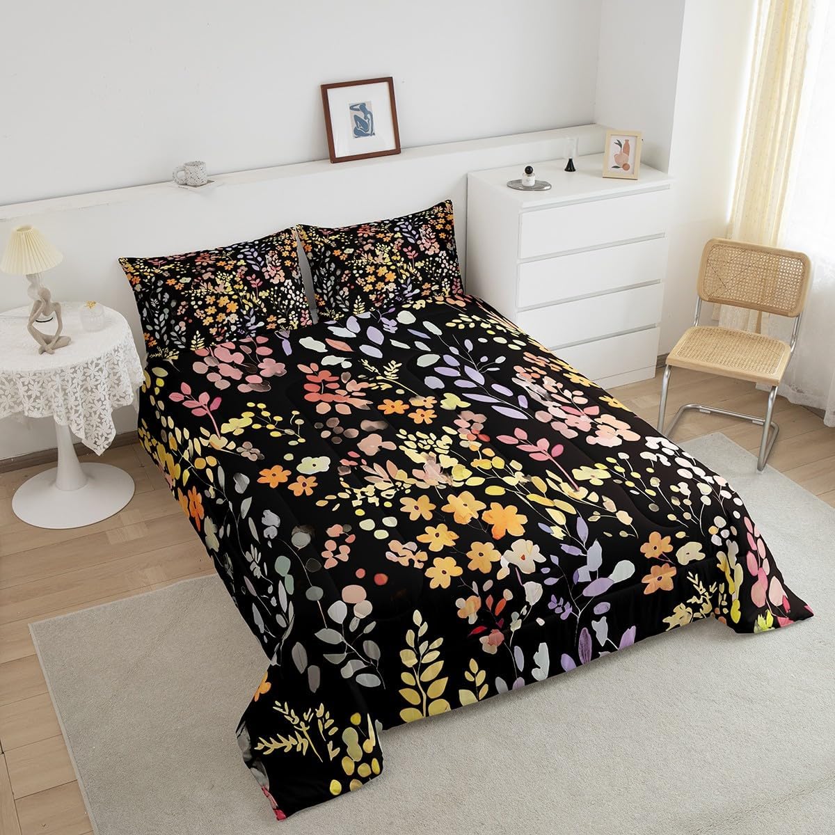 Erosebridal Boho Yellow Flower Comforter Set Queen Size for Girls Women,Cute Colorful Flowers Bedding Set Rustic Decor for Bedroom,Watercolor Floral Quilt Bed Set Wildflower Bed Comforter Set 3Pcs