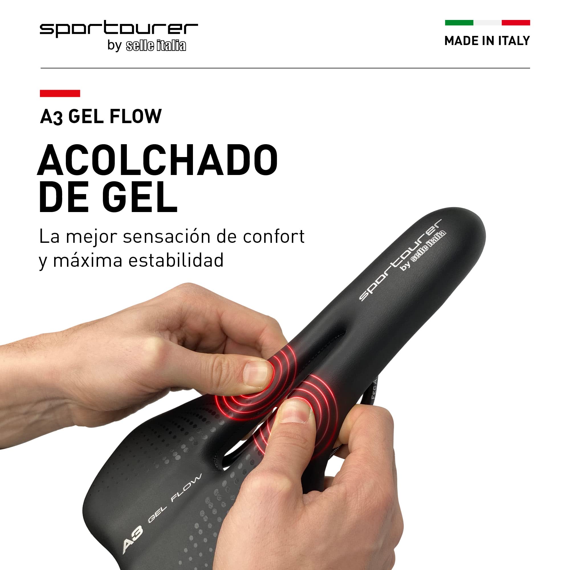 Selle Italia A3 GEL FLOW - Cómodo Sillín de Bicicleta con Gel, Agujero Anatómico, Resistente al Agua y Apto para Todo Tipo de Bicicletas - Negro