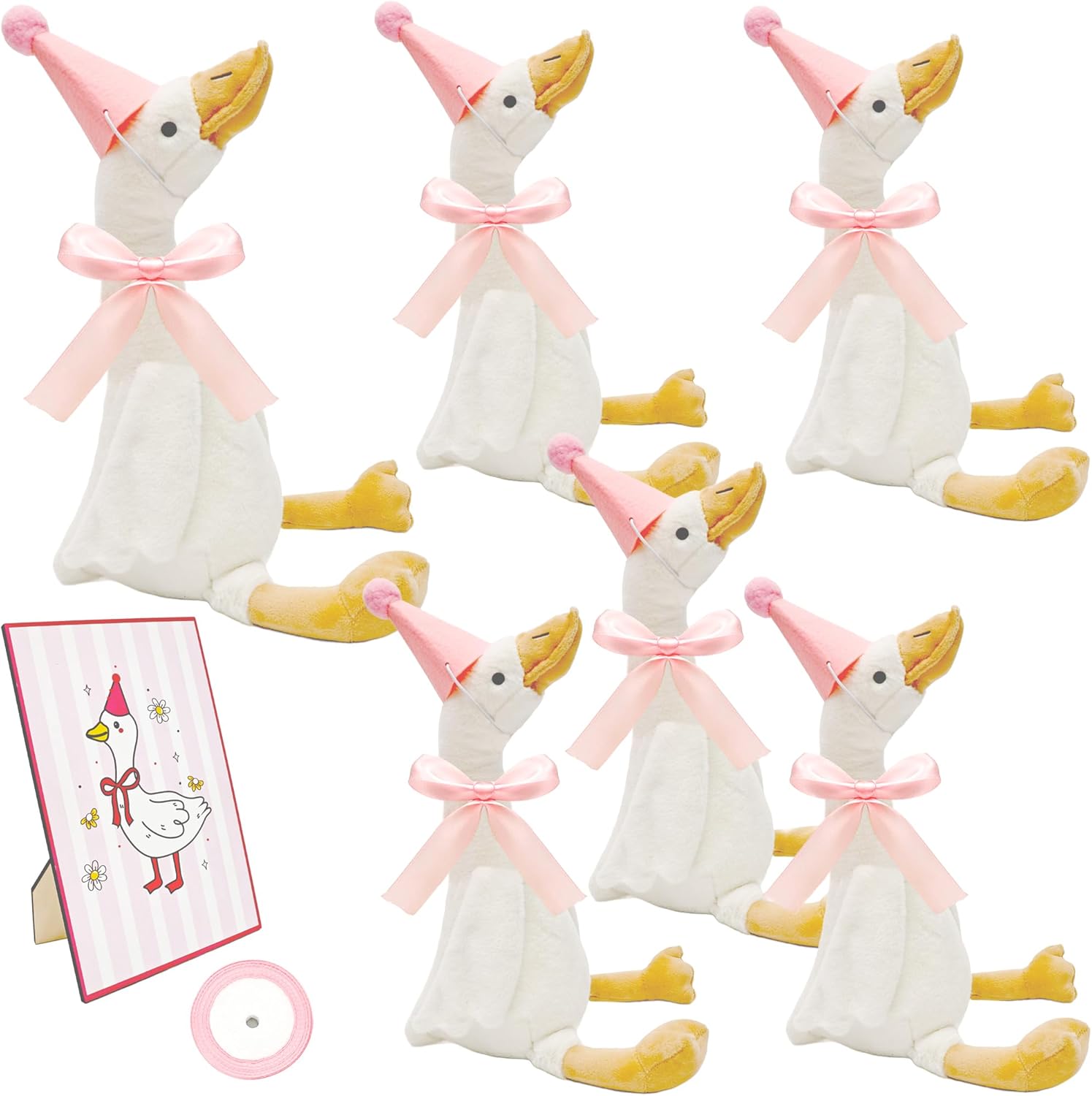 14 Pcs One Silly Goose 1st Birthday Decoration 6 Pcs 12 Inch Soft Goose Stuffed Animal 6 Pcs Birthday Hat with Wood Table Decor and 1 Roll Rope for Adopt a Animal Party Favors Gifts (Color Set 1)