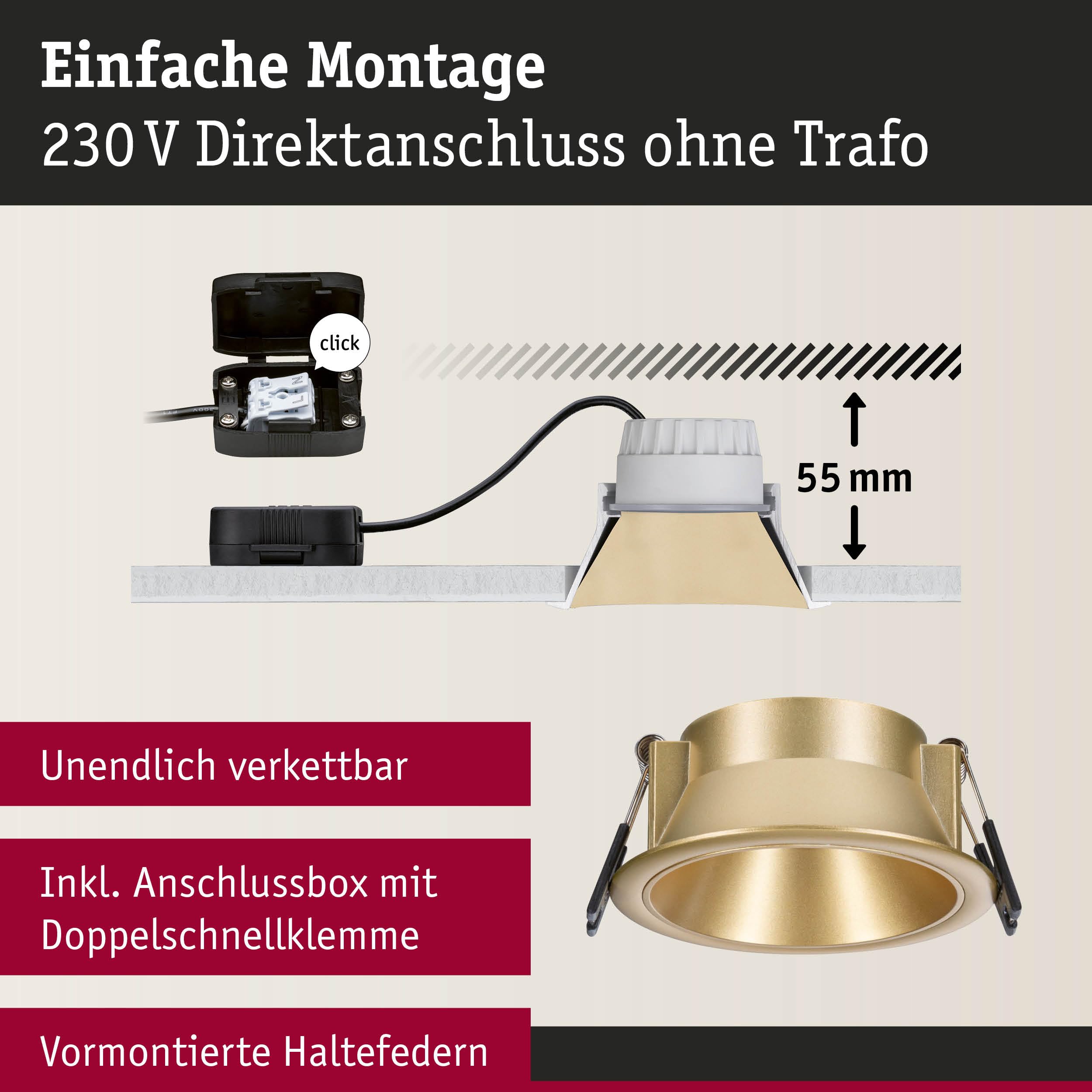 Paulmann 98201 LED Einbauleuchte Cole Coin 6er-Set IP44 rund 88 mm Coin 6x6W 6x470lm 230V dimmbar 2700K Gold matt