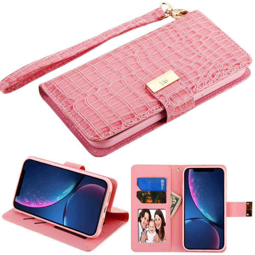 Case+Tempered_Glass+Stylus, PU Leather Purse Clutch Fits Apple iPhone XR / 9 MYBAT Pink Crocodile-Embossed MyJacket Wallet