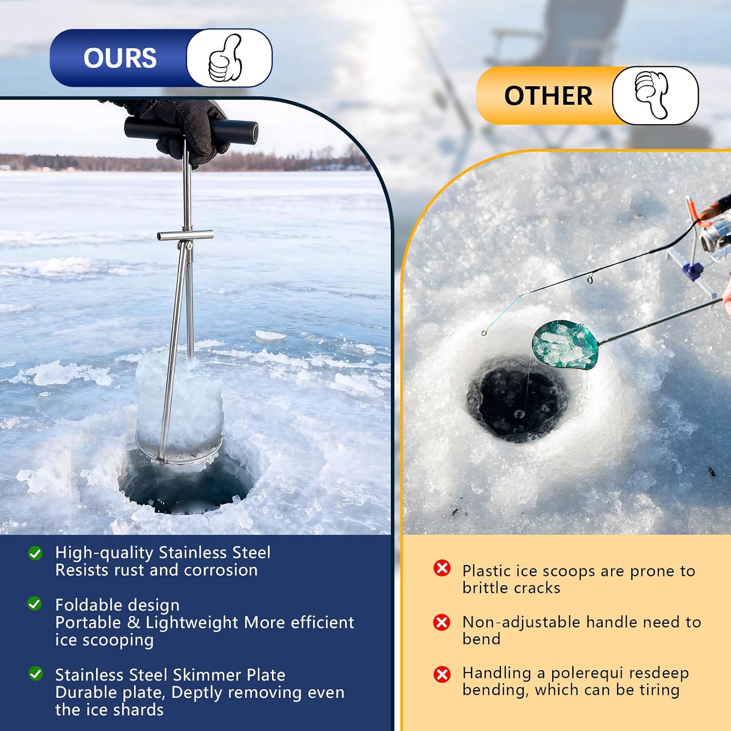 Ice Fishing Scoop Skimmer, Foldable Ice Fishing Skimmer Scooper Stainless Steel Ice Scooper with Comfortable Handle Ice Fishing Gear for Removes the Ice Fragments