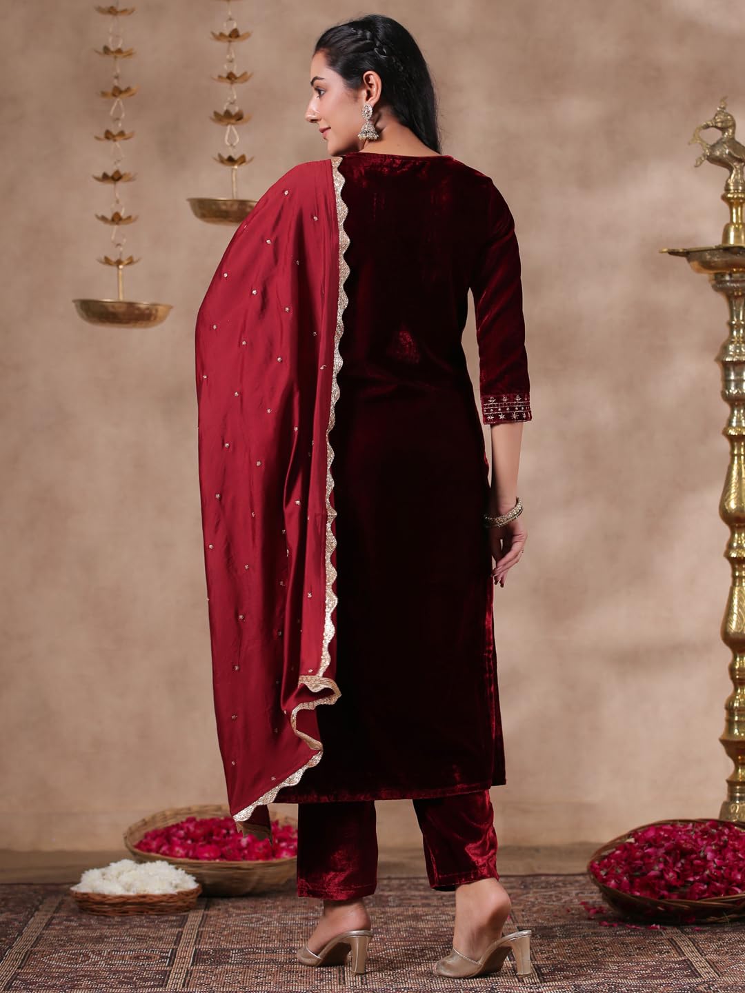 Ishin Women's Velvet Yoke Design Zari Maroon Straight Kurta Suit Set With Trousers & Dupatta