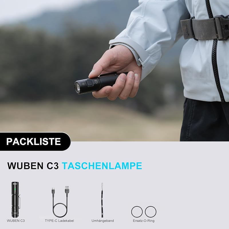 WUBEN C3 Tölthető LED Zseblámpa 1200 Lumen, IP68 Vízálló, 6 Üzemmód, USB Újratölthető Lámpa Túrázáshoz, Kempinghez, Vészhelyzetekre