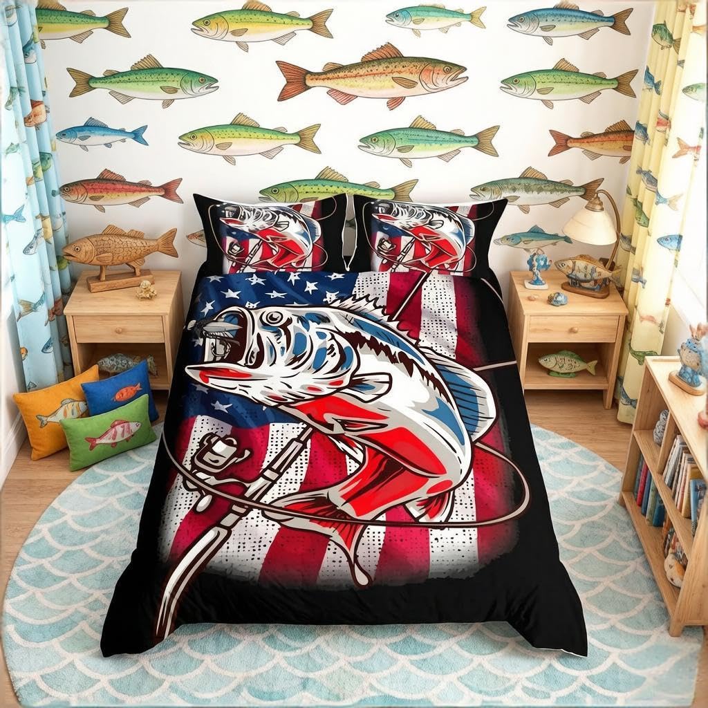Loussiesd American Flag Duvet Cover Farmhouse Fishing Bedding Set for Kids Boys Girls Teens Room Wild Fish Comforter Cover Set Red Blue Stripe Bedspread Cover 2Pcs Zipper Single Size — image 1