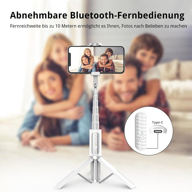 Selfie stick cu trepied ATUMTEK Bluetooth pentru smartphone, alb, cu telecomandă wireless