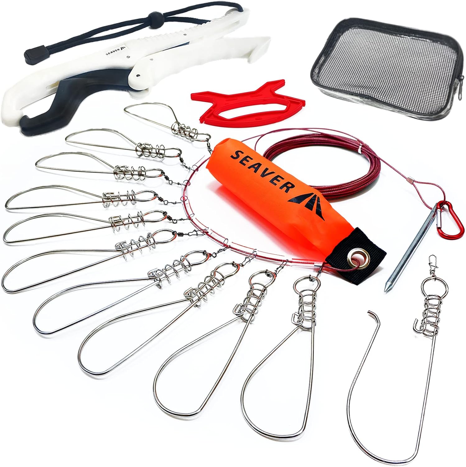 フロート付きストリンガー サビにくい スペアフック 収納ケース フィッシュグリップ付き 5m5個 10m10個 黒 赤 Seaver シーバー 送料無料激安祭