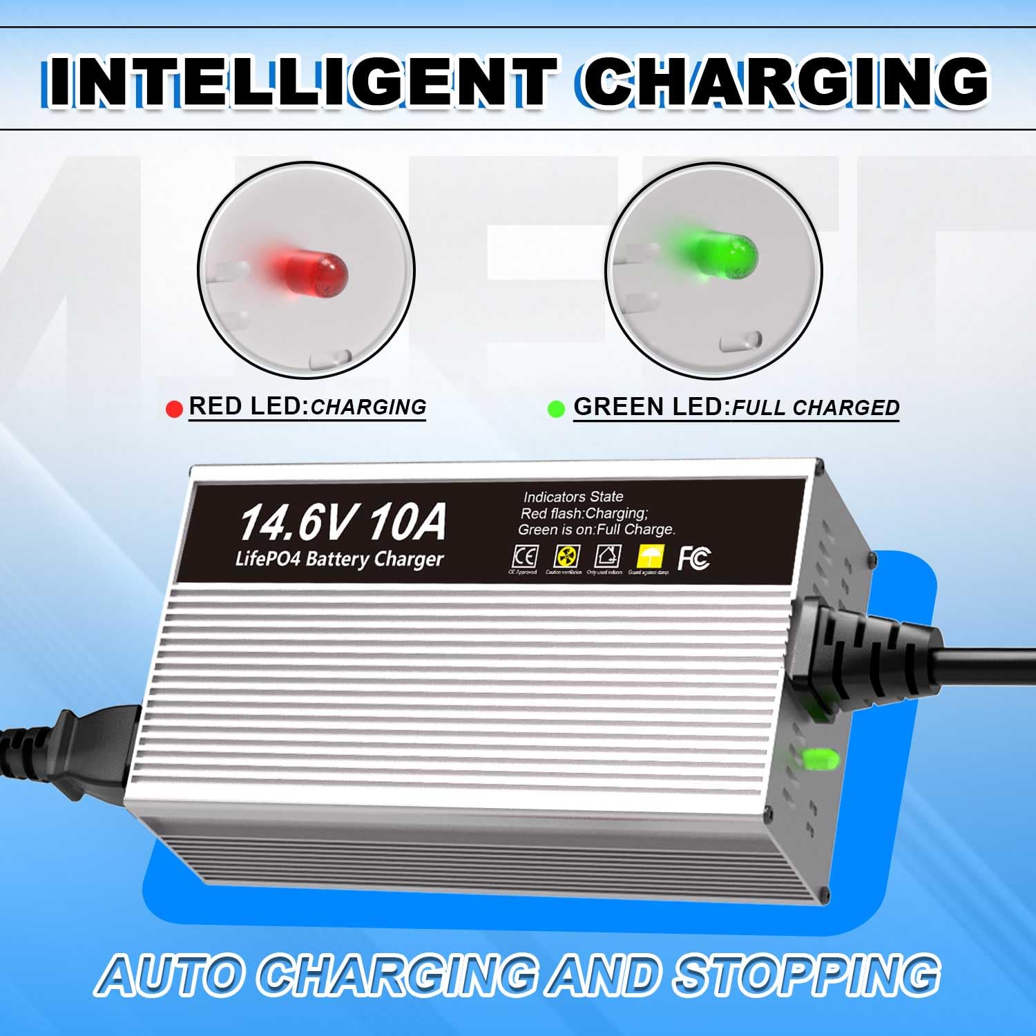 Caricabatterie LiFePO4 da 14,6V 10A per caricabatteria al litio ferro fosfato da 12V (12,8V) con ricarica rapida protegge la batteria