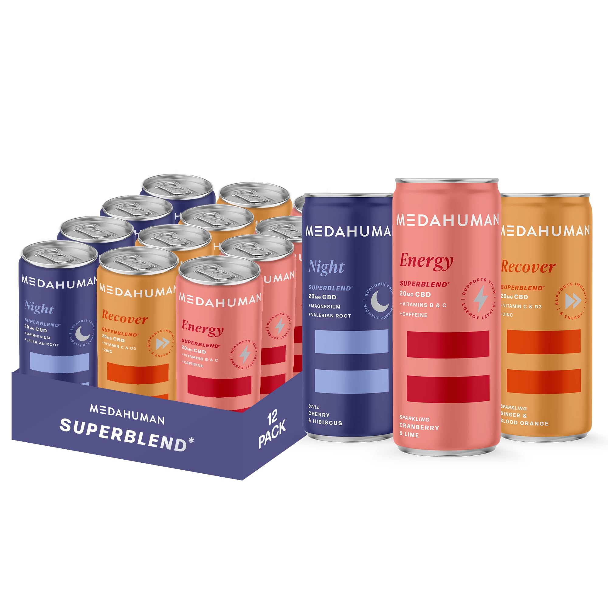 MEDAHUMAN CBD Drink (20mg) Mixed Pack, Adaptogen, Nootropic and Nutrient Functional Wellness Drinks - for Energy, Recovery and Night for sleep - Feel Calm, Low Calorie & Vegan (Pack of 12x 250ml)
