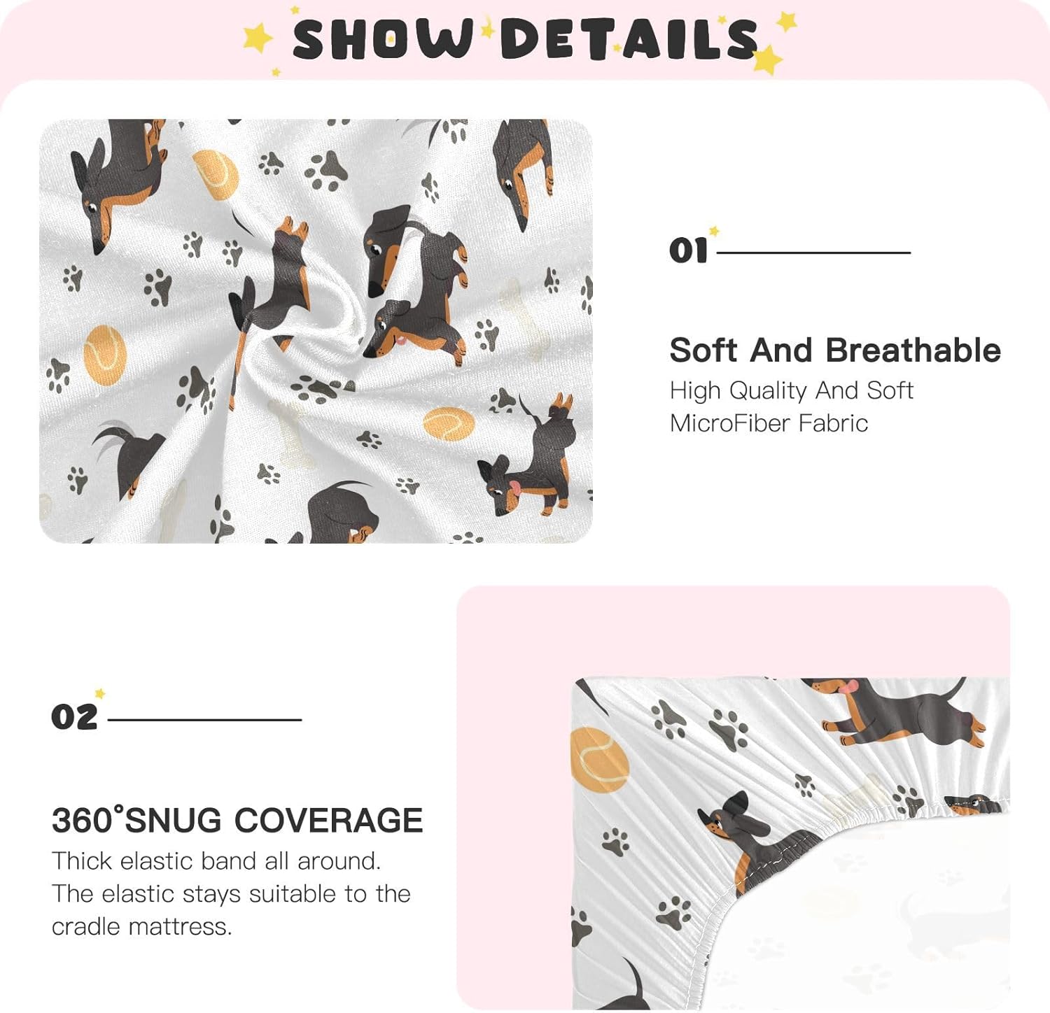 Fitted Crib Sheets Dachshund with Dog Paws Stretchy Portable Playard Sheets for Baby Toddler, Breathable Soft Mini Crib Mattress 39 x 27 in for Boys and Girls