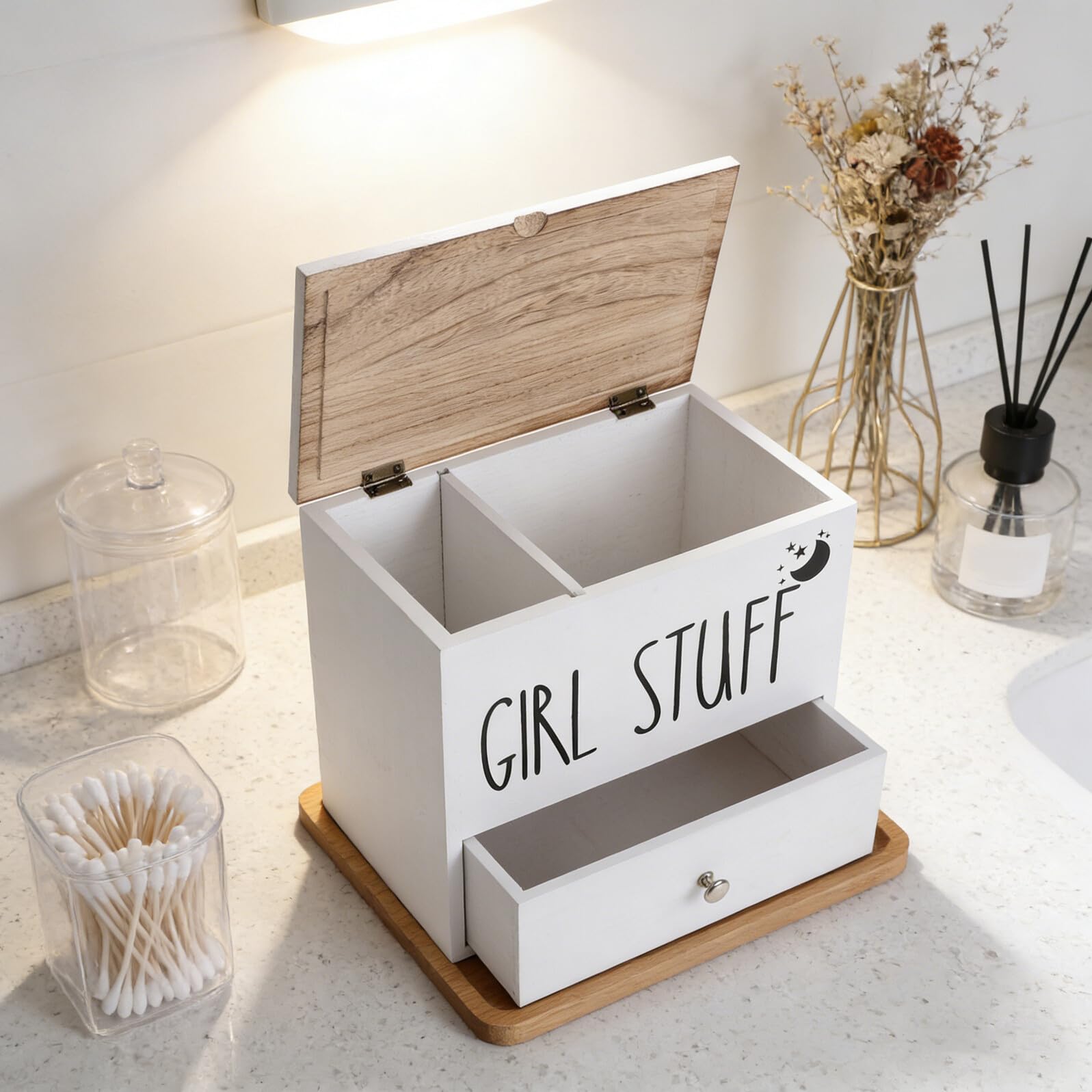 Healeved Porta Assorbenti in Legno per Bagno Scatola di Conservazione con Coperchio Organizer per Prodotti Igienici Contenitore per Accessori Bianco Piccolo Organizer per Bagno