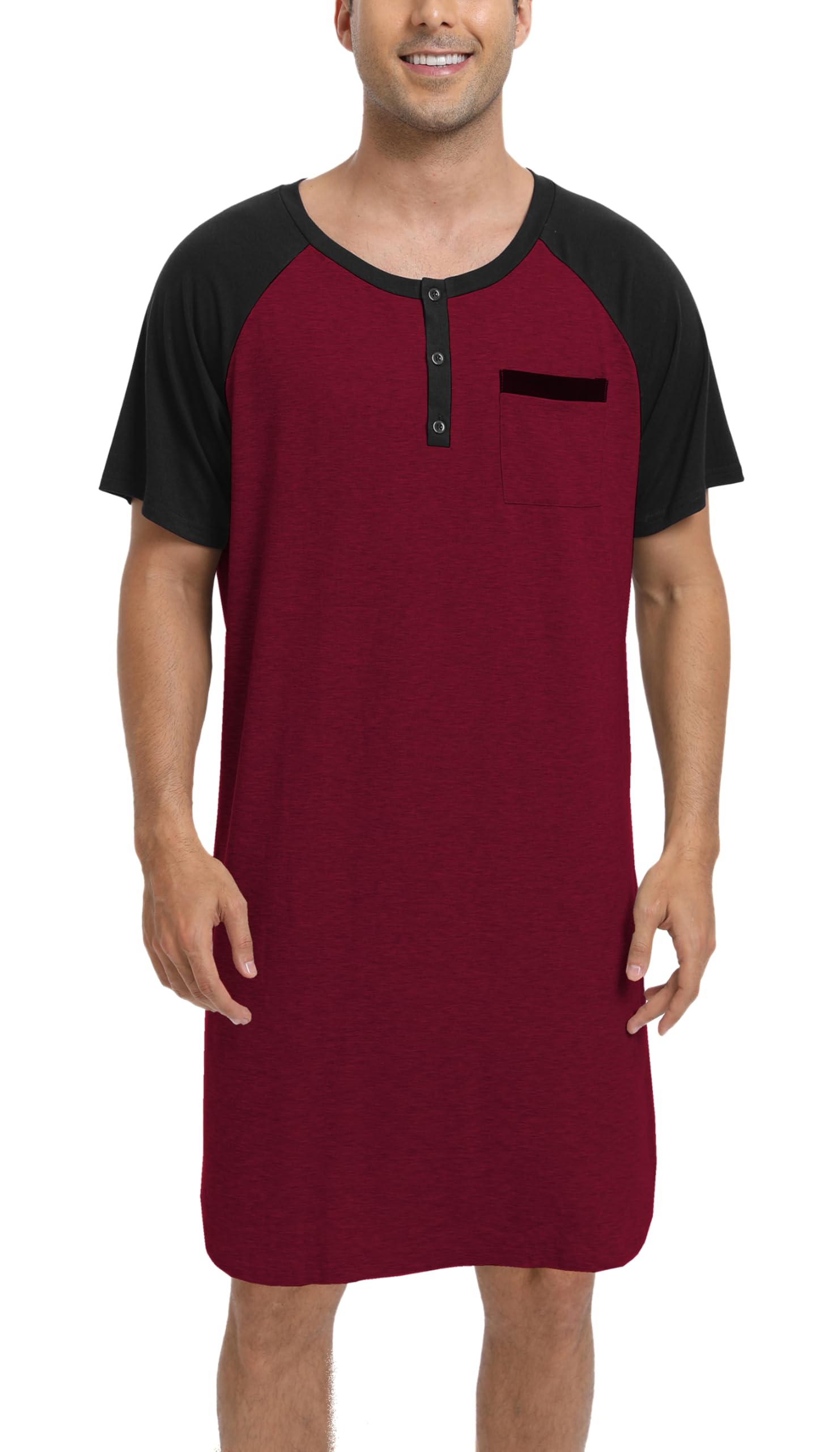 Enjoyoself Herren Nachthemd Kurzarm Baumwolle Langes Schlafshirt Leicht Luftig Pyjamaoberteil Nachtwäsche für Krankenhaus Spa
