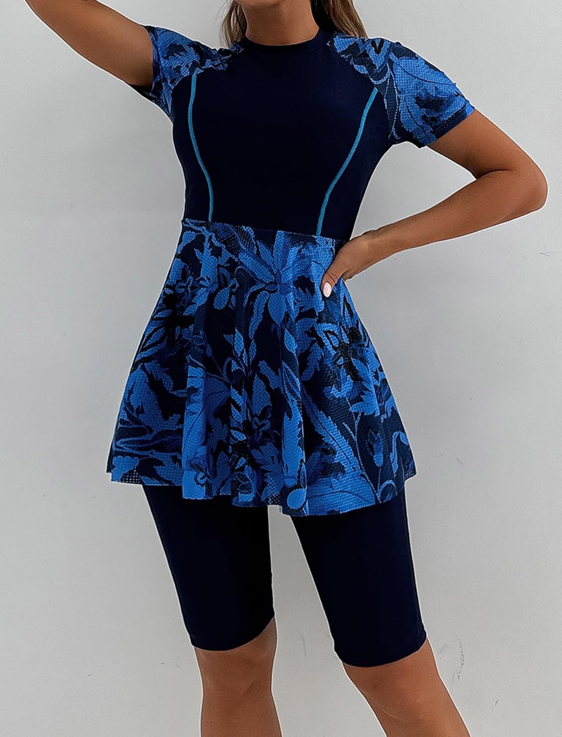 FYMNSI Women Split Two-Piece Swimsuit Breathable Mesh Short Sleeve Floral Print Swim Dress with Boyshorts Modest Bathing Suit - Image 5