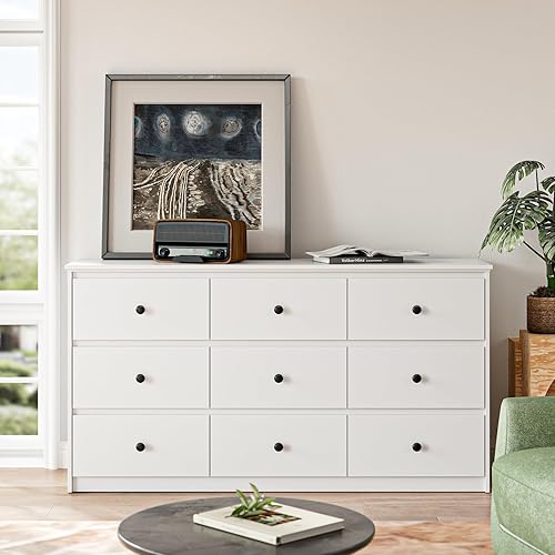 White Dresser for Bedroom, Large 9 Drawers Dresser for Bedroom, Modern Chest of Drawers Storage Organizer Dresser for Bedroom, Hallway(59.3"x15.9"x31.9")