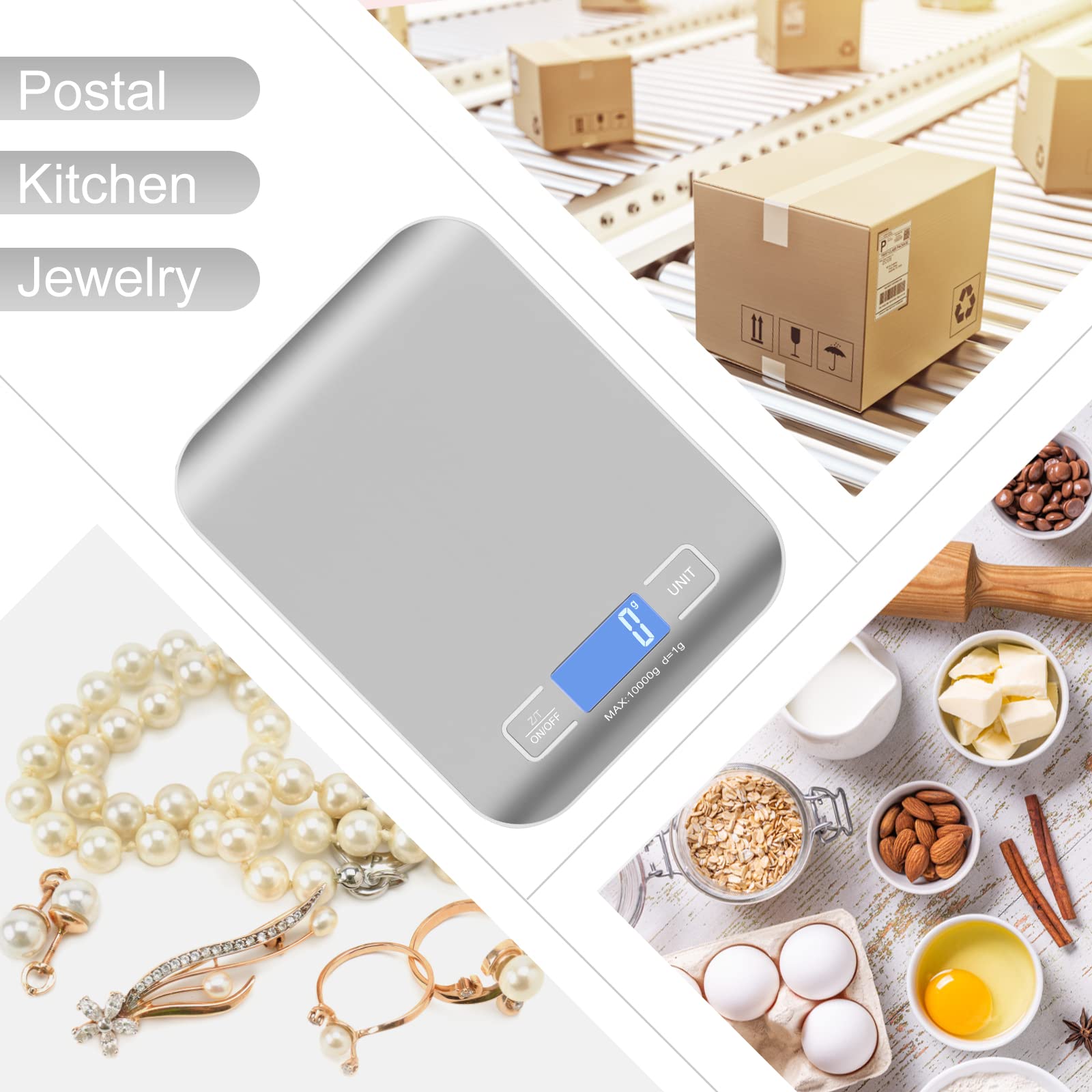 Báscula de envío digital, panel de acero inoxidable, escala postal portátil precisa de 10 kg/1 g para paquetes, pequeñas empresas, cocina, alimentos, hecha a mano, líquidos y boutique (plata)