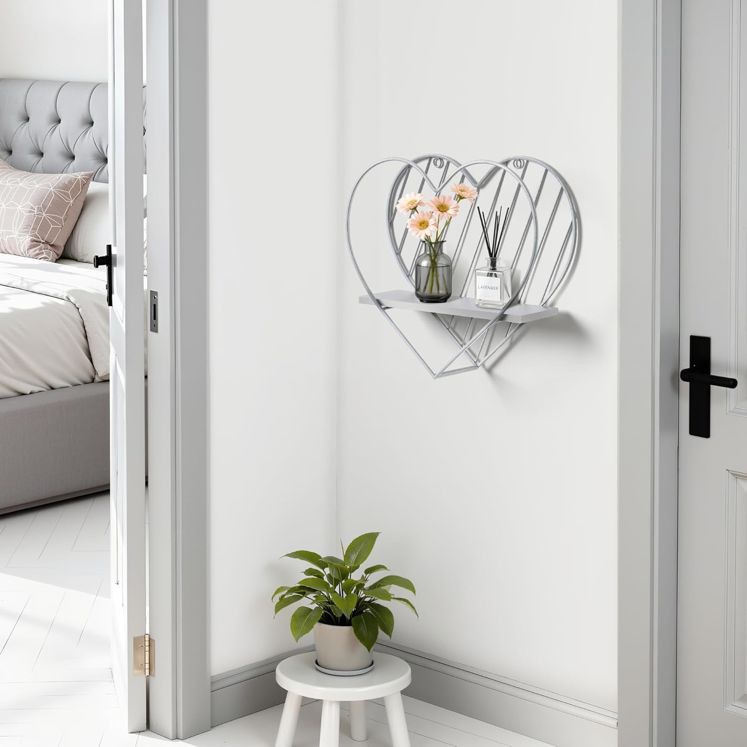 Afuly Wall Shelf Metal Grey Floating Shelves Heart Design Small Shelf Storage Rack Modern Romantic Farmhouse Style Cute Fancy Unique Nursery Room Bathroom Bedroom Wall Decor
