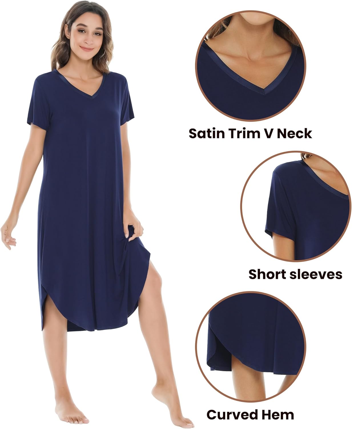 NACHILA Nightgowns for Women-Viscose Made from Bamboo, V Neck Sleepshirts Short Sleeve Sleepwear Cool Nightshirt - Image 4