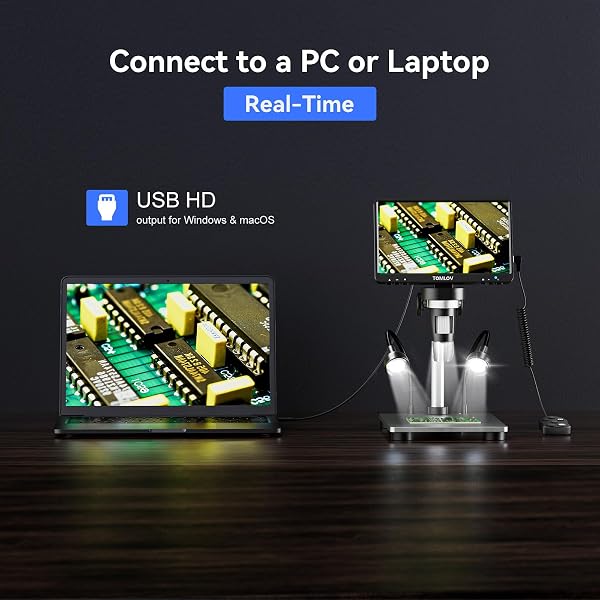 TOMLOV DM9 7" LCD Microscopio Digital 1080P, Cámara de Magnificación 1200X para Piezas con Pantalla HD, 12MP Enfoque de Ultra Precisión, Soporte Metálico, Luz LED, Compatible PC/Windows/Mac OS, 32GB - 4