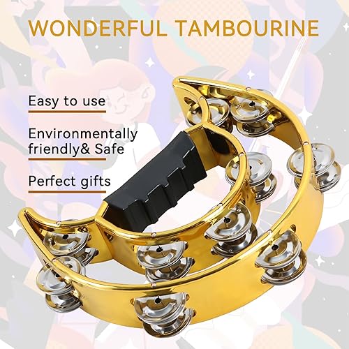 Miniatura 3 de EastRock Pandereta de doble fila, percusión de mano con jingles de metal, pandereta de media luna para adultos, KTV, fiesta dorada