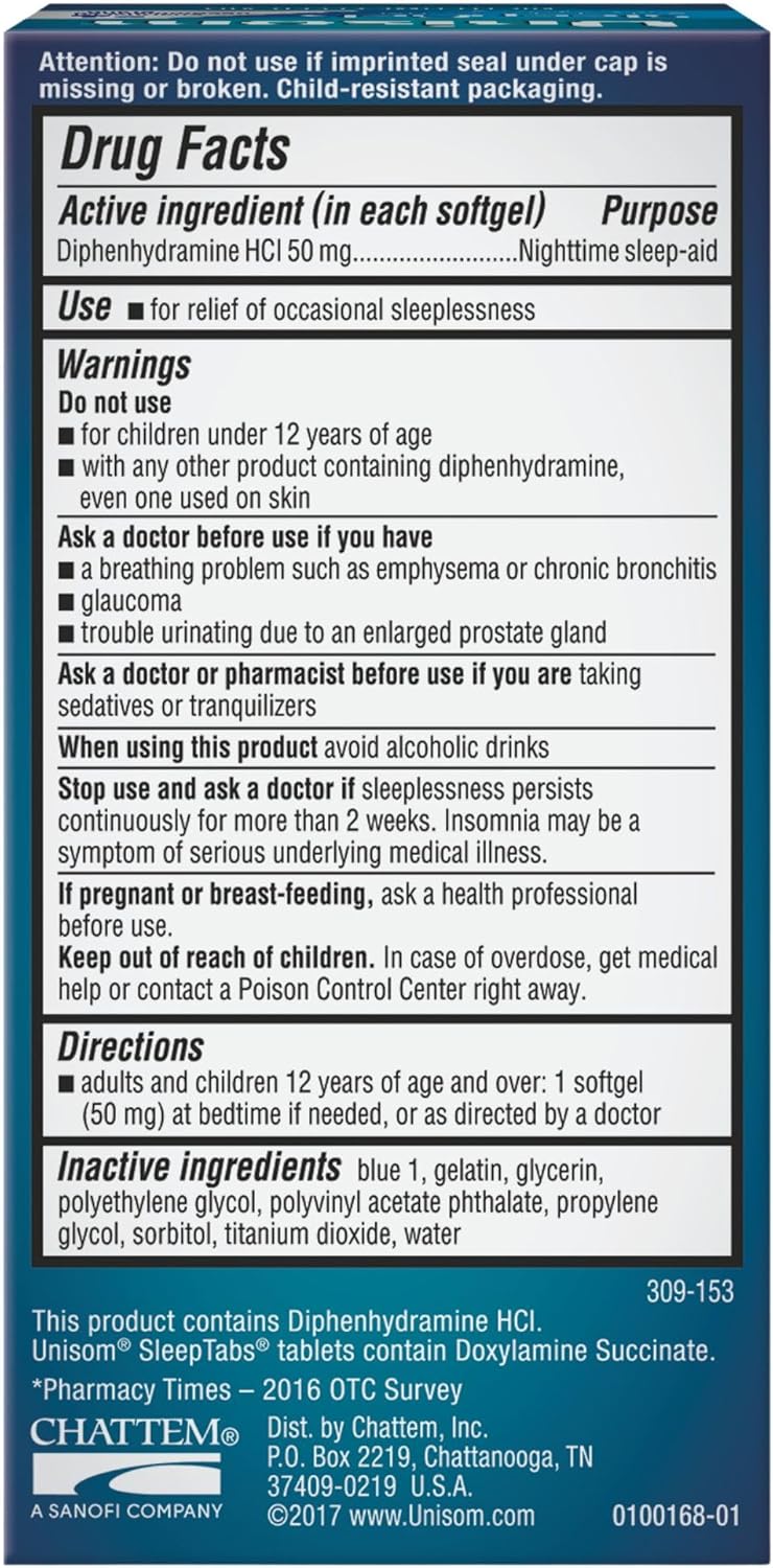 Unisom Nighttime Sleep-Aid Gels, Diphenhydramine HCI 50mg, 100 Count, 2 pk