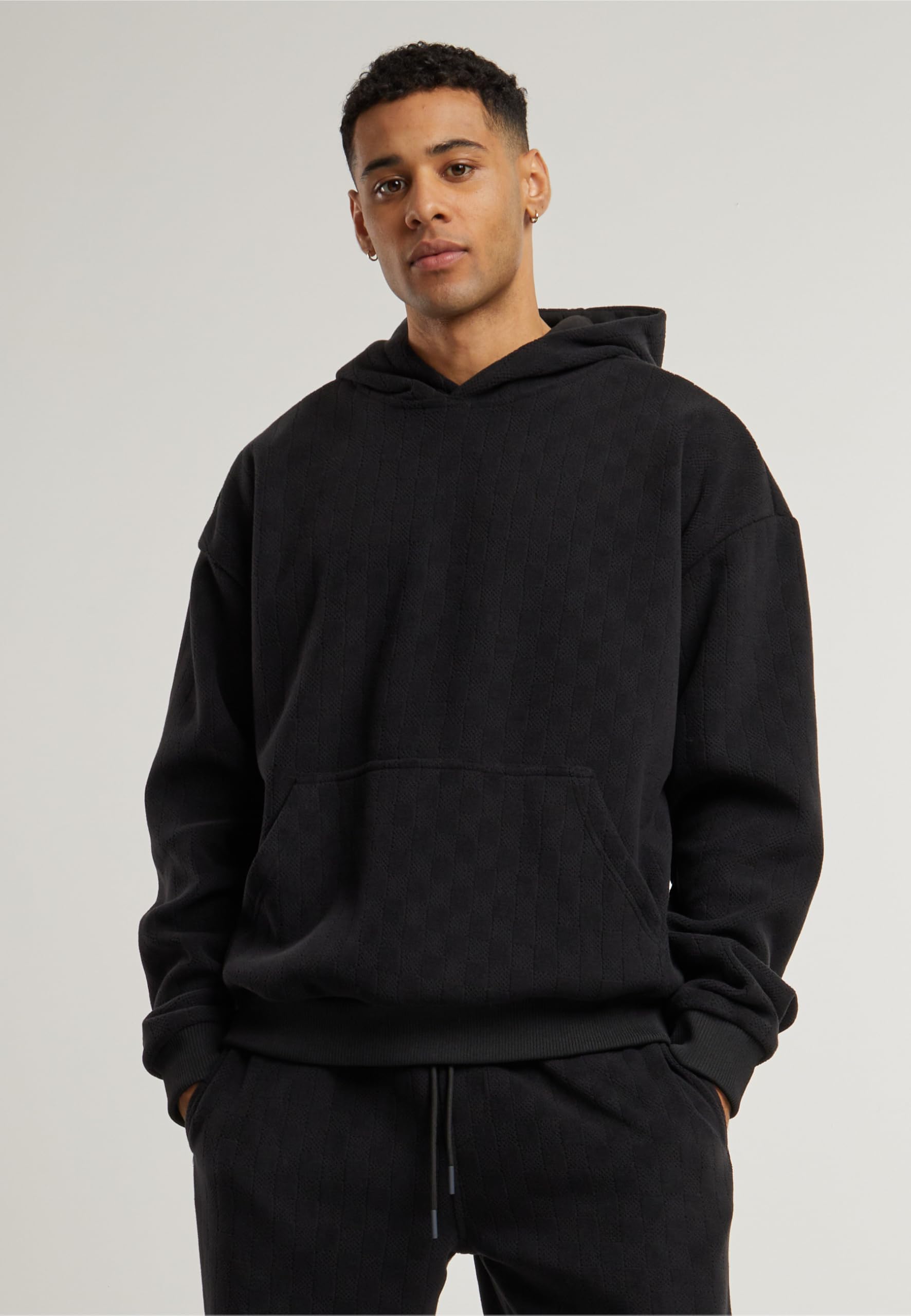 Urban Classics Męska bluza z kapturem, żakardowa, aksamitna, oversize, swobodny sweter z kapturem z aksamitu żakardowego, oversize fit, czarny, S
