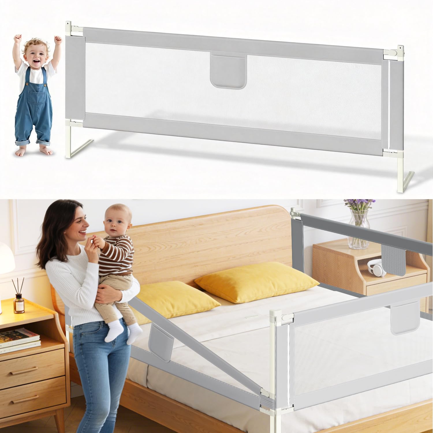 Bettgitter 200cm, Bettgitter Rausfallschutz Bett Höhenverstellbar 64-96cm, Bettschutzgitter Kinderbettgitter mit Luftiges Netz für Kinder & Elternbetten, Grau