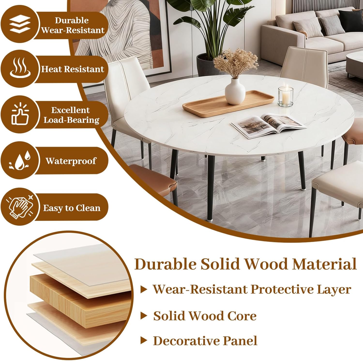 Wood Round Foldable Table Top Only Large Portable Tabletop for Desktop Transformation 47 51 55 59 63 71 inch 4-Fold Folding Round Table Top Extender Space Saving for Family Dinners(White Marble,47")