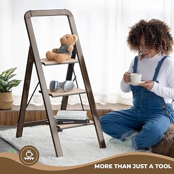 3 Step Ladder Folding Step Stool for Adults with Wide Anti Slip Pedal, Aluminium Lightweight Foldable Step Ladders for Home Kitchen Office, 580 lbs Capacity, Brown