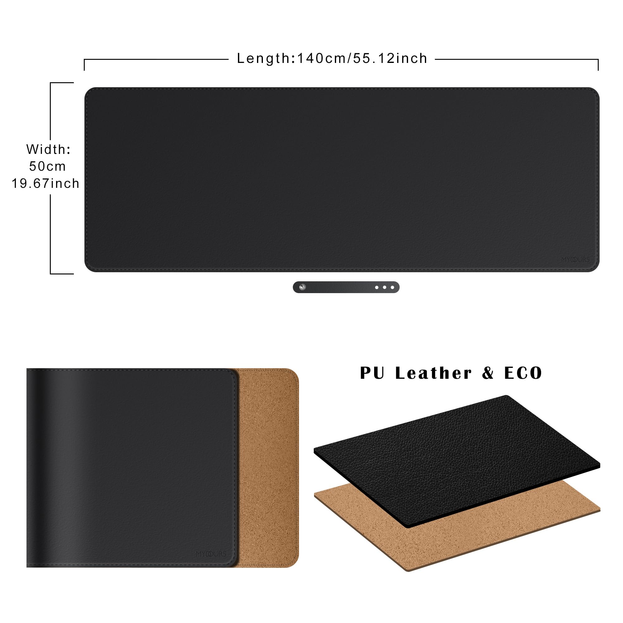 Mydours sous-Main en cuir PU et Liège, 140x50cm Tapis de Bureau, Sous Main Bureau en Cuir PU, Antidérapant en Liège Bords Cousus, multifonctionnel Double Face Tapis de bureau pour bureau/maison (noir)