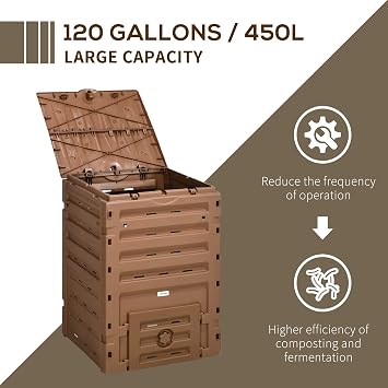 Outsunny Garden Compost Bin, 120 Gallon (450L) Garden Composter, BPA Free, with 80 Vents and 2 Doors, Lightweight & Sturdy, Fast Creation of Fertile Soil, Brown