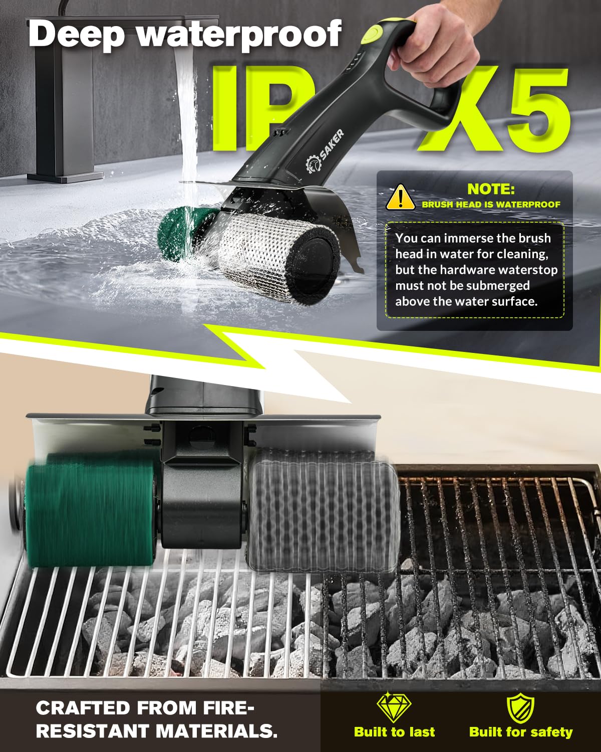 Saker Spazzola Elettrica per Griglia per Griglia Esterna, Spazzola Automatica per la Pulizia della Griglia Senza Setole con 450 RPM e Luce LED, Set di Spazzole Grill Rescue BBQ con 3 Testine